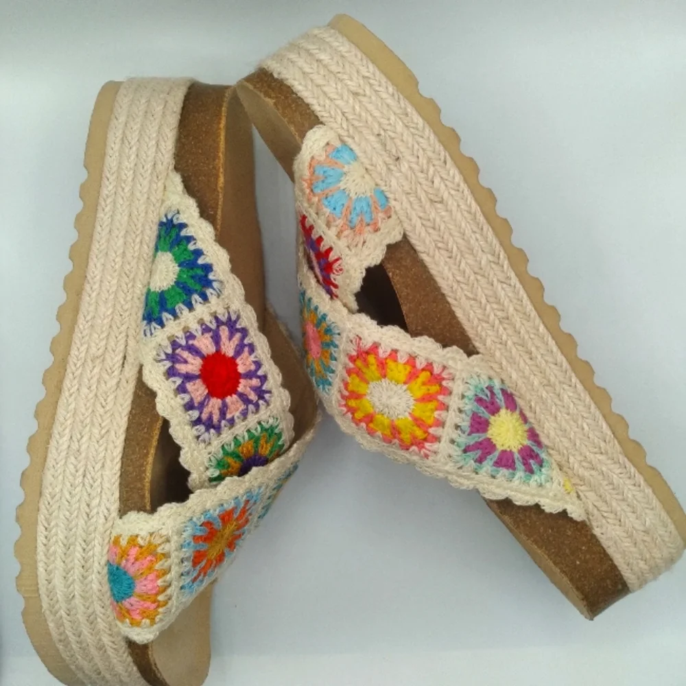 Dirty Laundry Cream Crochet Platform Slide Sandals with Multicolor Accents